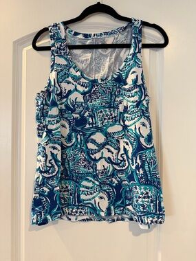 Lilly Pulitzer Teal, Navy & White Printed Scoop Tank
